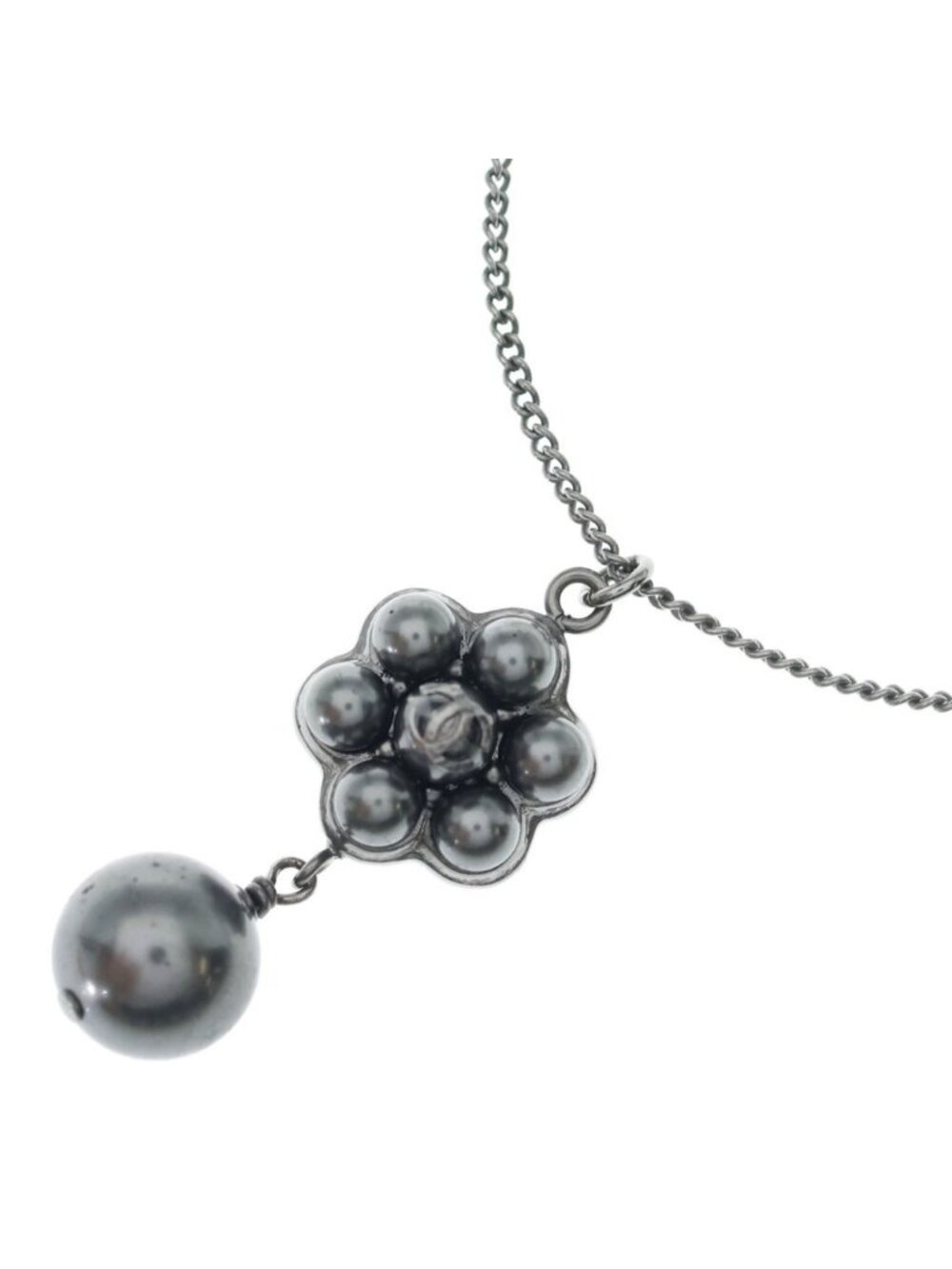 Chanel CC Logo Pearl Necklace Silver Metal with Bean